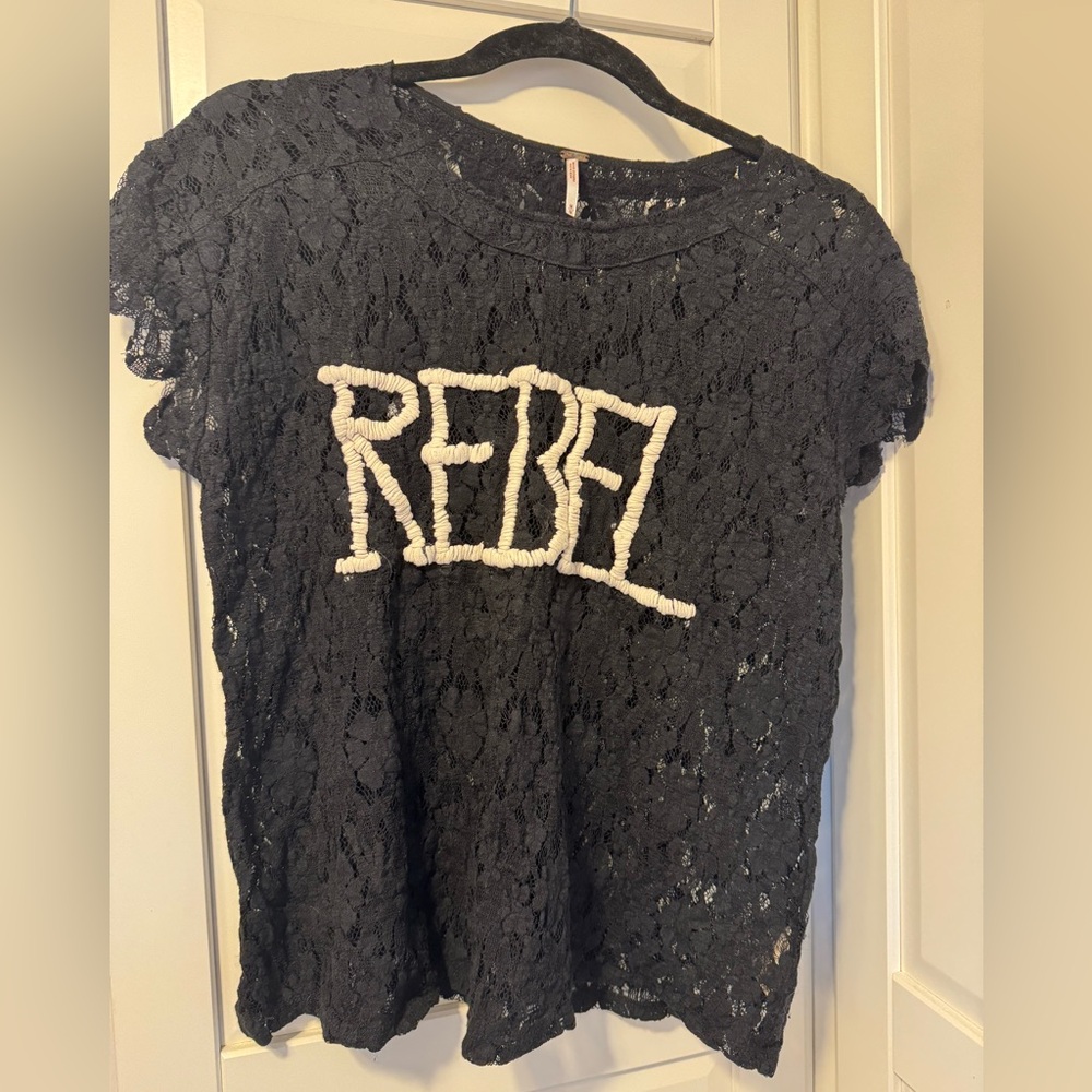 Free People Black Lace Top with White Text
